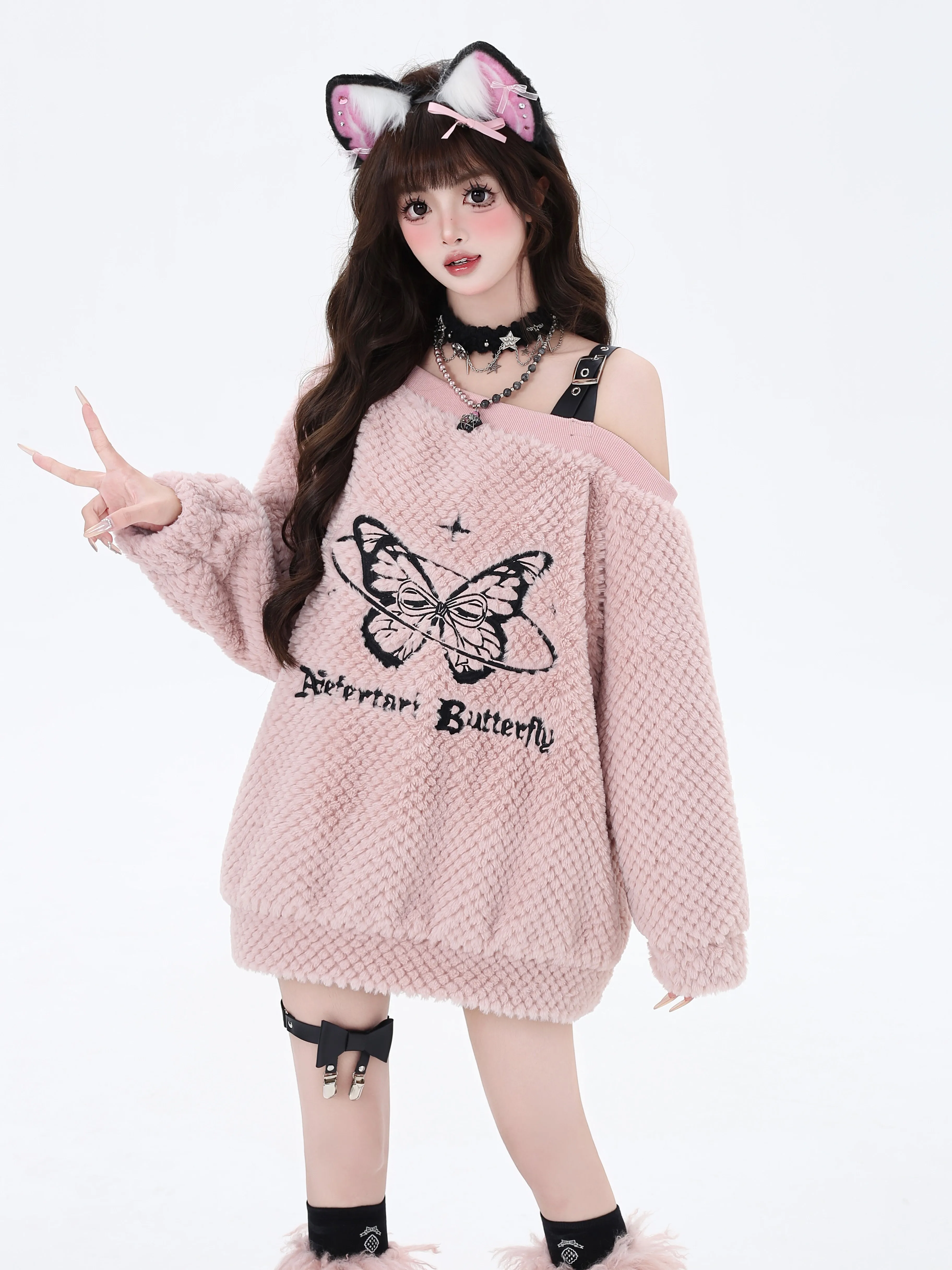 Y2k Sweet Cool Butterfly Autumn Winter Loose Irregular Slanted Shoulder Sweater Cute Girl Long Sleeve Solid Color Versatile Top