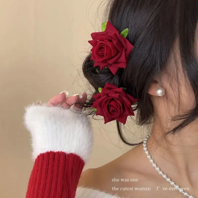 Red Rose Flower Hairpin Women Brooch Bridal Wedding Party Hair Clips Rose Artificial Flower Hair Accessories for Girls Headwear