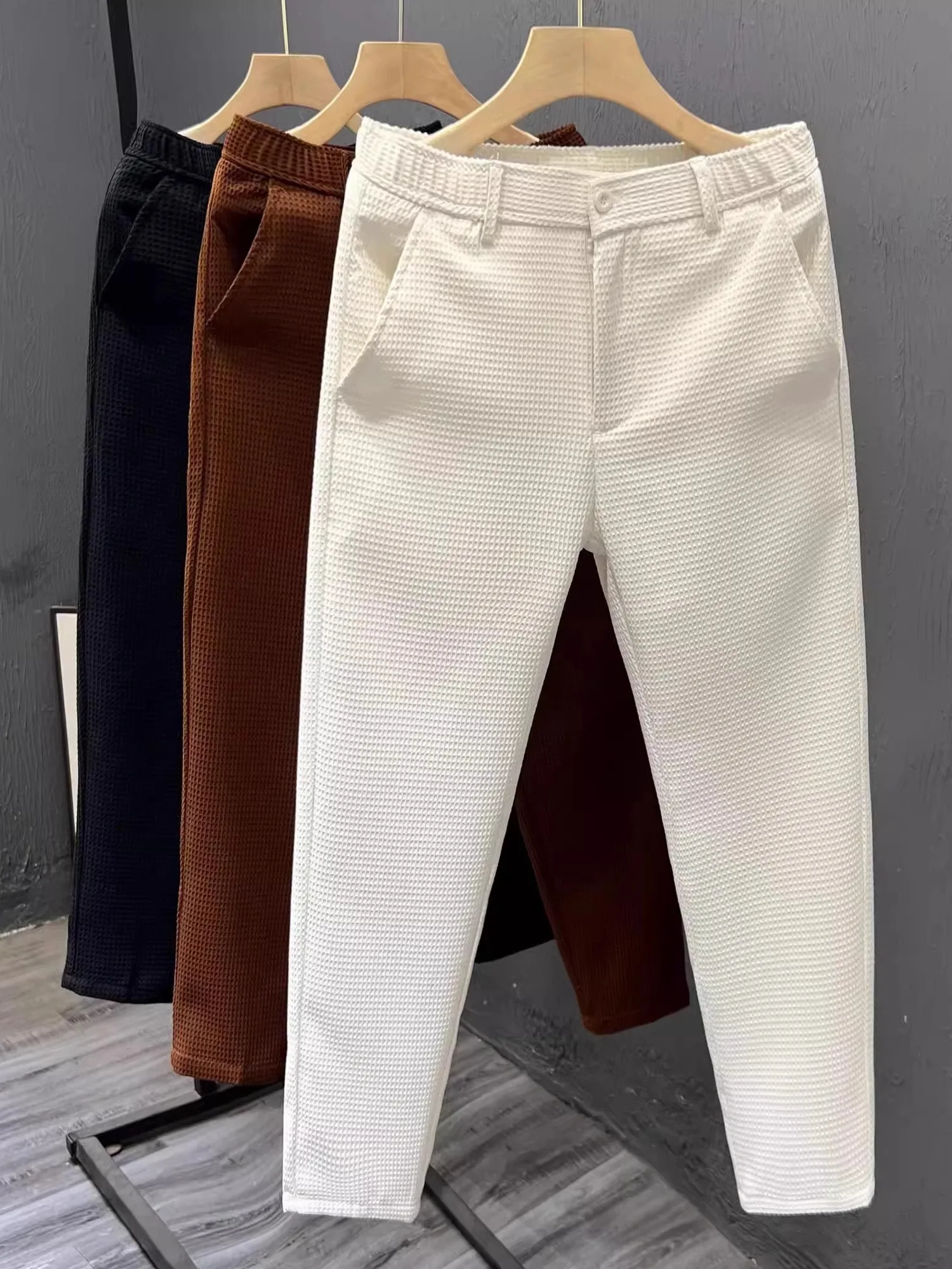 

Youth Faion Straight Leg Casual Pants Men's Spring Summer Slim Fit Nine Points Long Trousers Casual Ci Sle Pure Color