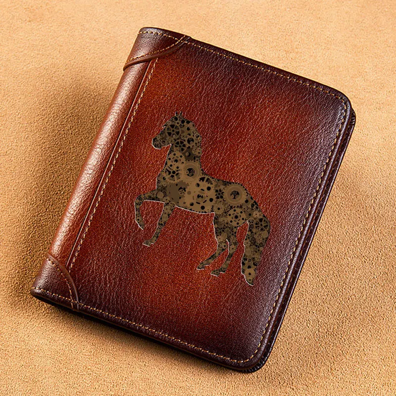 

High Quality Genuine Leather Men Wallets Vintage Steampunk Gear Horse Design Short Card Holder Purse Trifold Men's Wallet BK3847