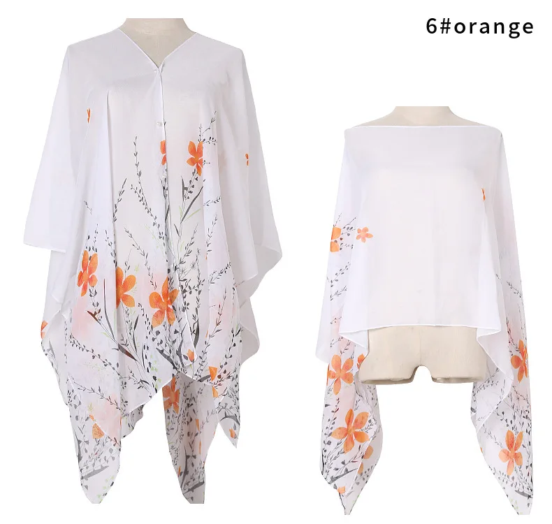 Summer Simulated Silk Poncho Sunscreen Cape with Flower Print And Pearl Buttons Scarf Shawl Gift Cloak