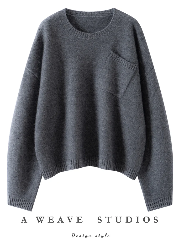 เสื้อสเวตเตอร์แคชเมียร์แท้ 100% สำหรับผู้หญิง ฤดูใบไม้ร่วง-ฤดูหนาว 2025 ทรงหลวม สวมหัว สบายๆ คอโอ ผ้าถักเนื้อนุ่ม มีกระเป๋า