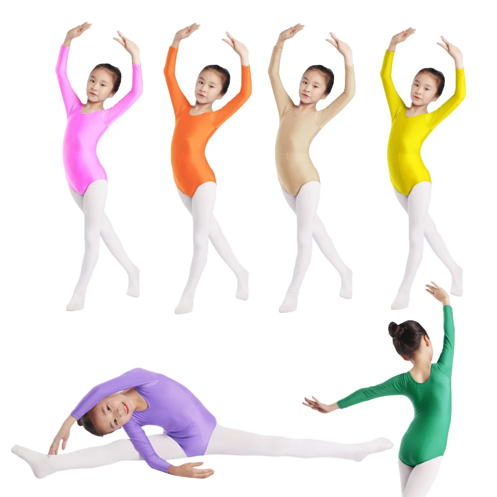 فستان رقص الباليه للأطفال البنات بأكمام طويلة ورقبة دائرية وأرجل عالية القطع أزياء الرقص الصلبة #2