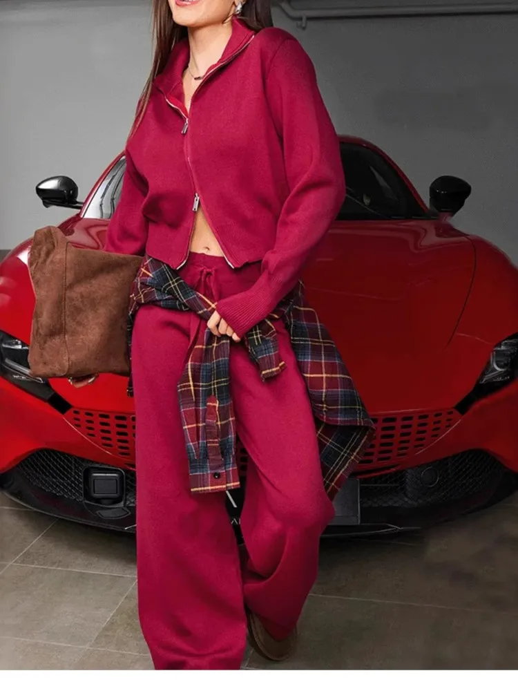 Moda feminina de manga comprida com zíper camisola cardigan calças esportivas de perna larga conjunto de duas peças outono e inverno conjuntos de calças casuais