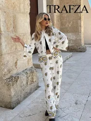 TRAFZA Vintage Embroidery Suit For Women 2024 Summer Round Neck Long Sleeves Cardigan+Wide Leg High Waist Trousers TRAF Chic Set