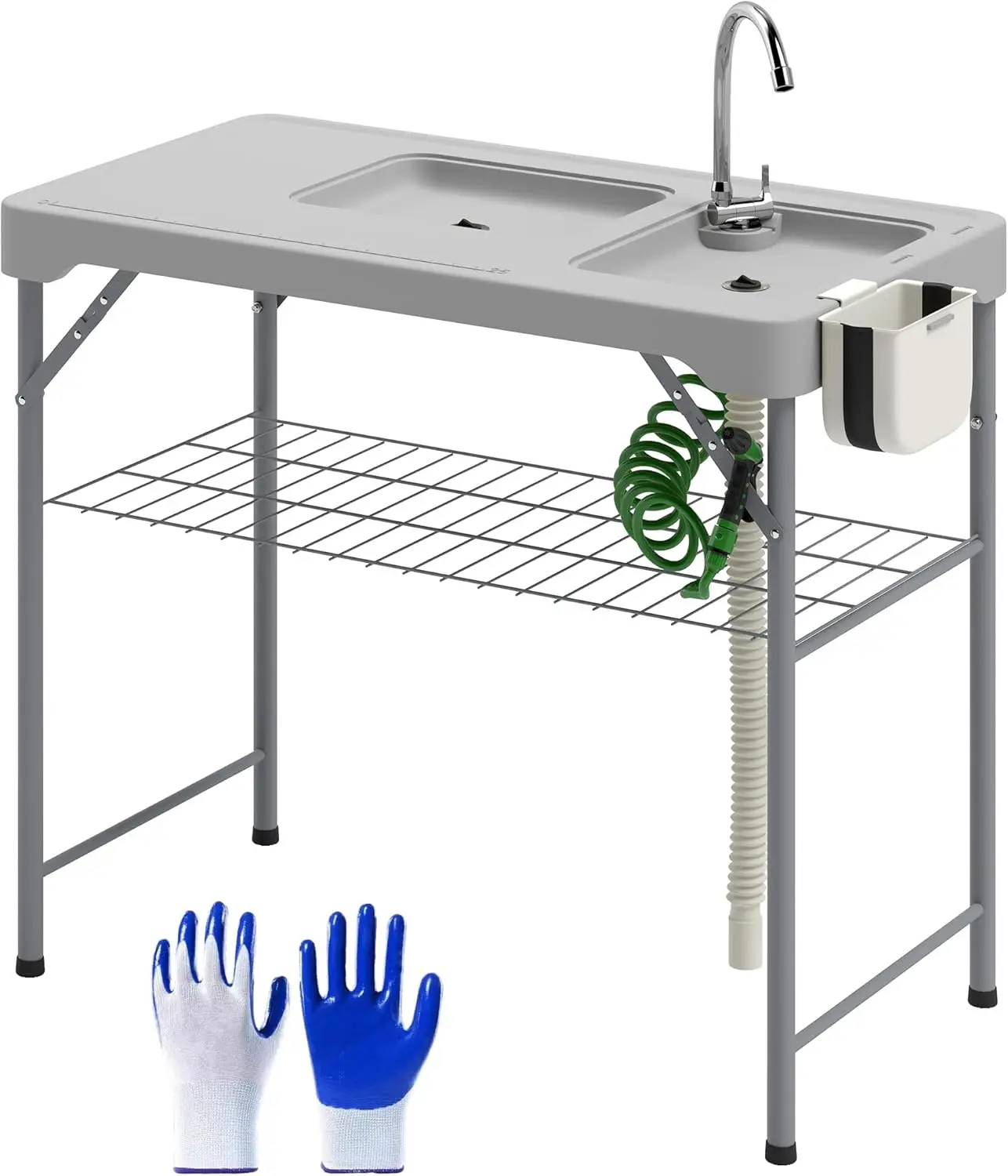

Folding Fish Cleaning Table with Sinks, Portable Camping Sink Table, Gray