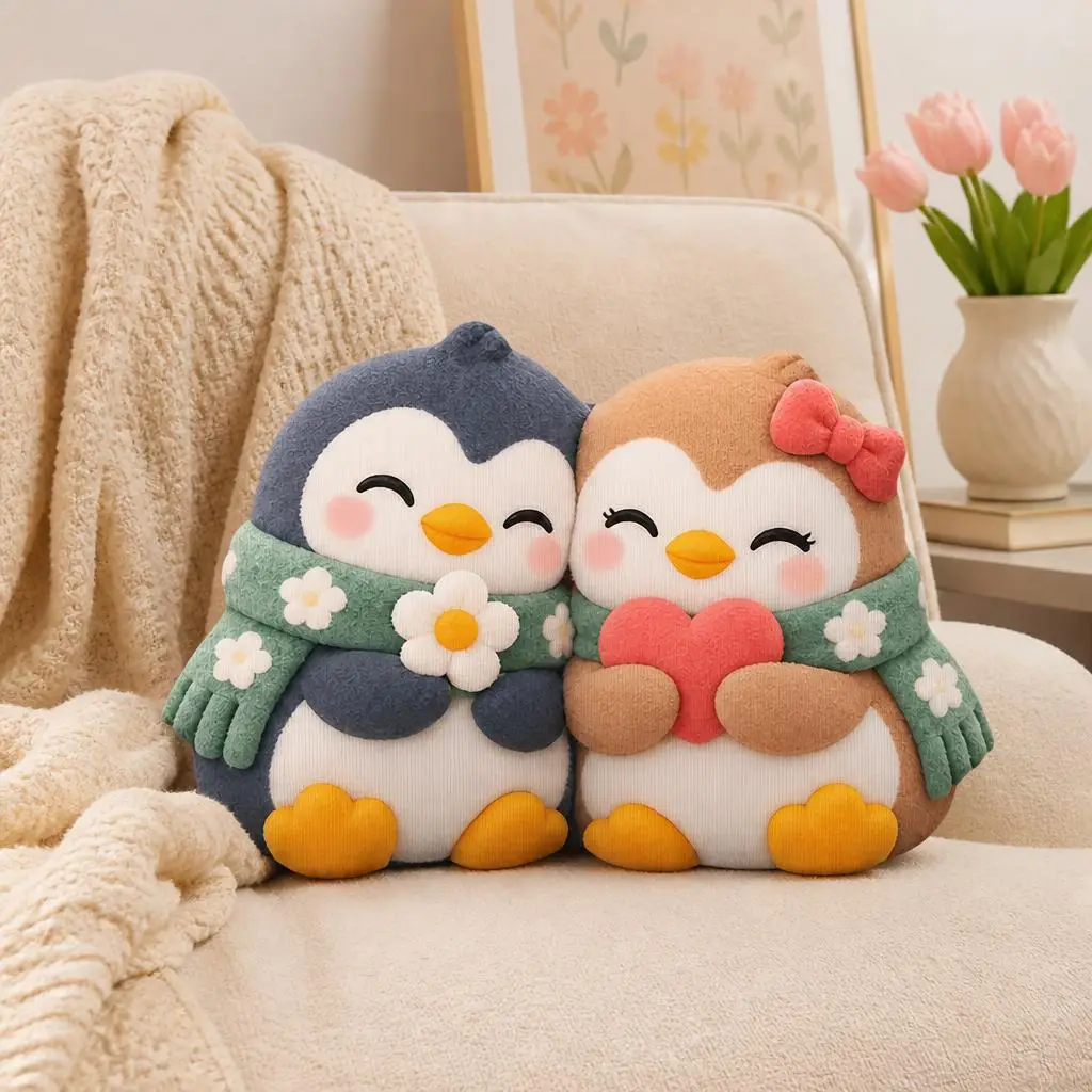 Cute Penguin Couple Shaped Pillow Romantic Heart Cushion Stuffed Throw Pillow for Sofa Home Decor Valentine Anniversary Gift