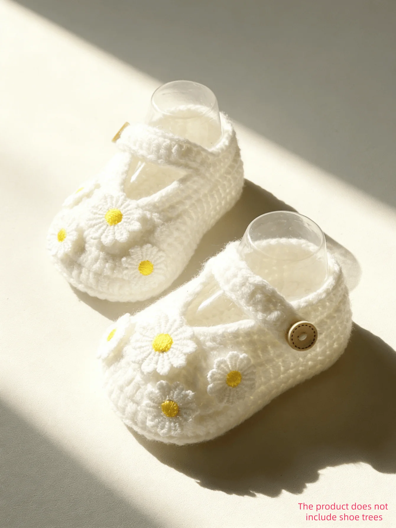 1 Pair Crochet Baby Girl Booties, White, Daisy Flower Detail, Button Strap, Soft Knit Infant Shoes