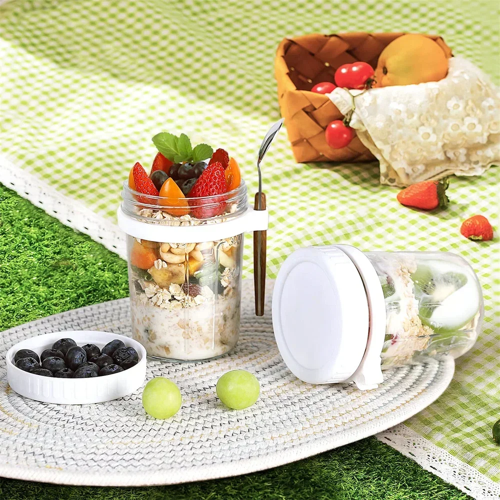350ML Overnight Oats Jars Overnight Oats Container with Lid & Spoon Milk Fruit Salad Food Storage Container Glass Breakfast Cup