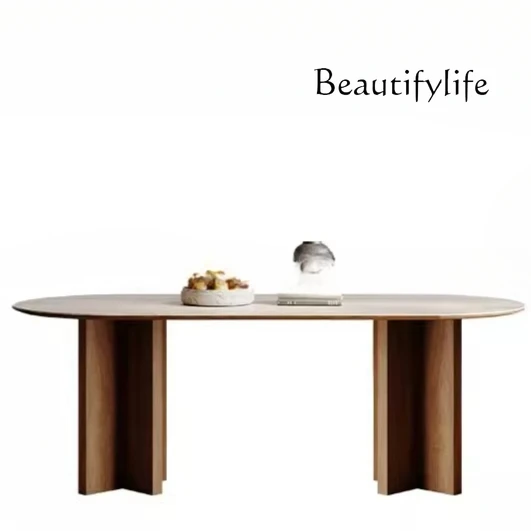 French retro travertine rock slab dining table household small apartment walnut color table oval solid wood dining table