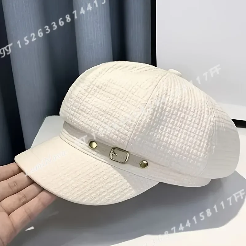 Vintage Plaid Octagonal Beret for Women 2D Flat British Style Painter Hat Face Flattering Cap for Spring Autumn