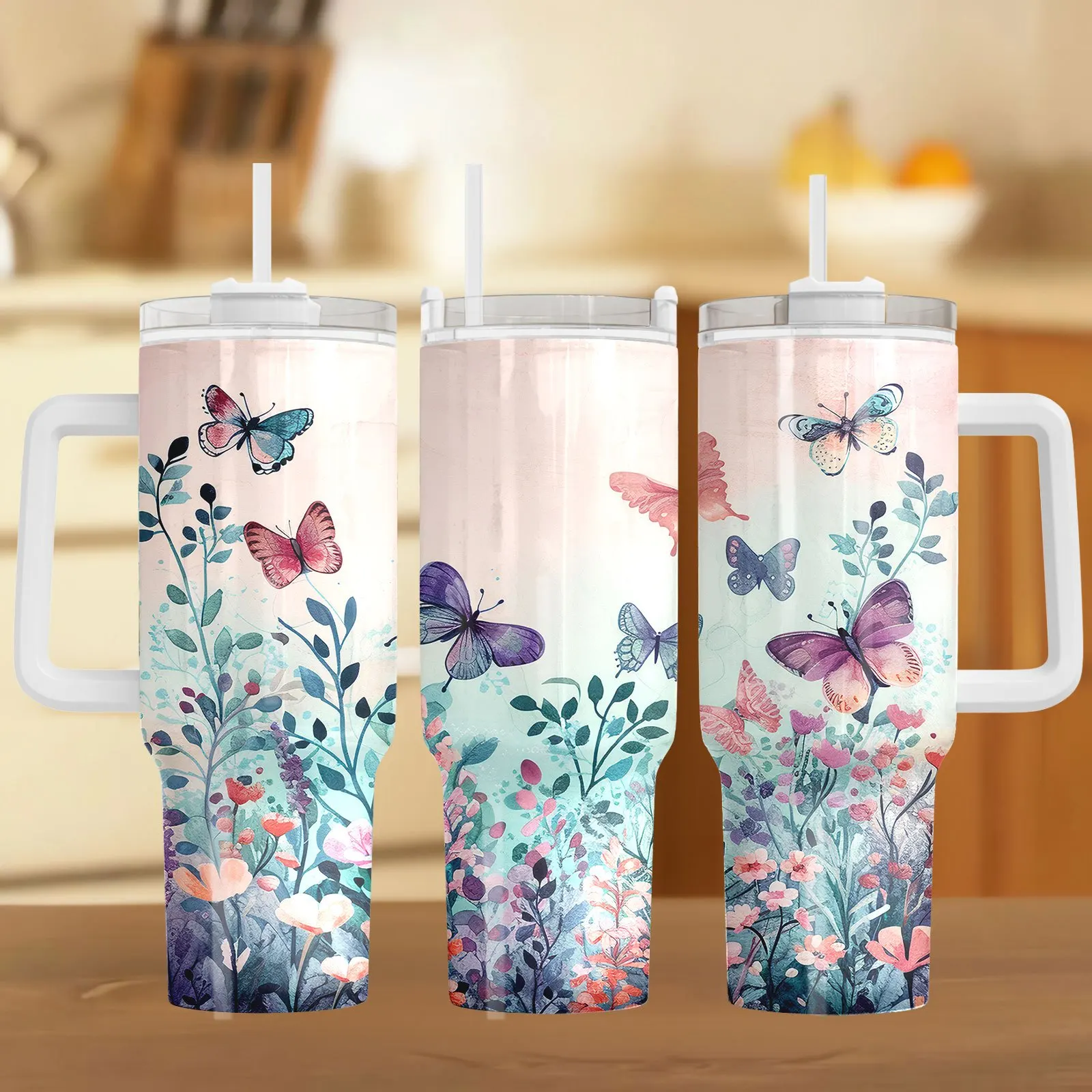1 High-capacity 40oz Stainless Steel Insulated Bottle Cup with Straw, Lid, and Handle - Creative Floral and Butterfly Design Travel Mug for Hot and Cold Drinks, Ideal Gift for Family, Colleagues, Couples, Siblings, and Friends - Portable Vacuum Mug