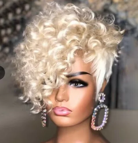 Pixie Short Curly Blonde Synthetic Wigs With Bangs Heat Resistant Fashion Cos