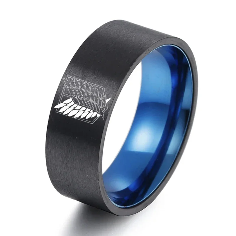 

8mm Attack on Titan Black sliver Stainless Steel Ring Wings Of Liberty Flag Finger Rings For Men Women Jewelry Anime Fans