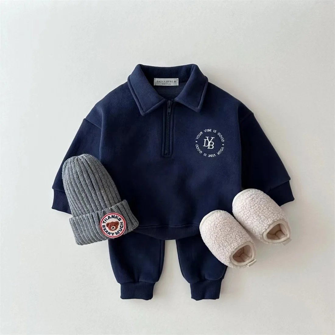 2024 Winter New Baby Long Sleeve Warm Clothes Set Infant Boy Fleece Sweatshirt + Pants 2pcs Suit Plus Velvet Toddler Outfits