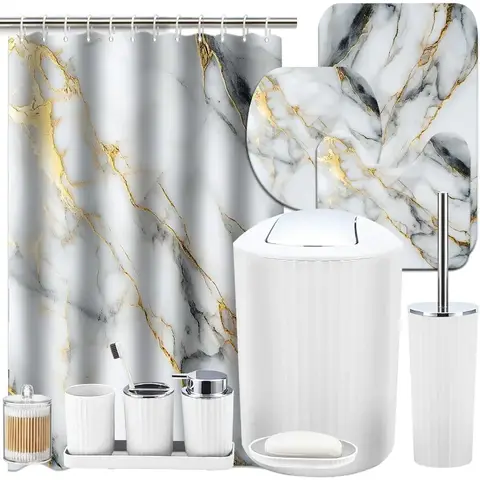 24Piece White Gold Marble Bathroom Set with Shower Curtain and Rugs Trash Can Toilet Brush Holder Set Soap Dispenser for Modern
