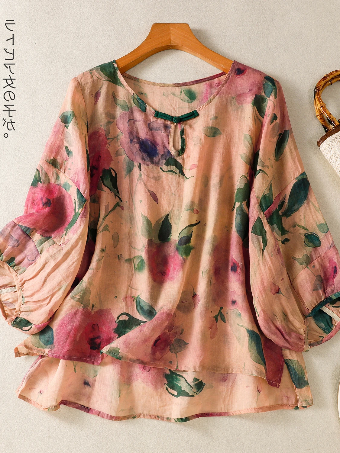 

Retro Artistic Large Size Women's Loose Cotton Silk irt round Ne Seven Sve Lantern Sve Print Casual Top