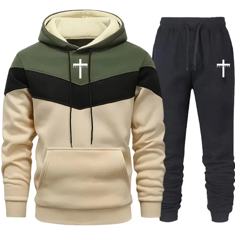 Jesus Cross Men Casual Sportswear Set Hooded Sweatshirt Winter Jogger Tracksuit Autumn Urban Fashion Hoodies Black Sweatpants