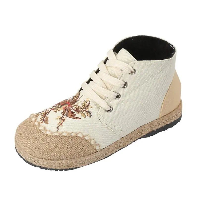 2024 NEW New Embroidered Linen Casual Shoes Simple Versatile Mid-Top Booties Fashion Lace-Up Craft Cloth Shoes Womens Shoes