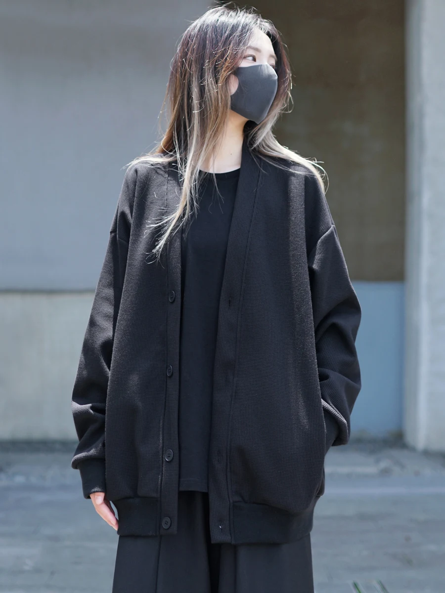 

Dark Style Women's Spring Autumn Long Sleeve V-Neck Knitted Open Cardigan Loose Lazy Style Black Gingham Outerwear