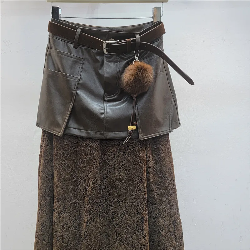 HKSH 2026 Primavera Estate Nuove Donne Gonna di Cuoio DELL'UNITÀ di elaborazione Patchwork di Pizzo Versatile Elegante High-end Retro Moda Casual Gonne HK17174
