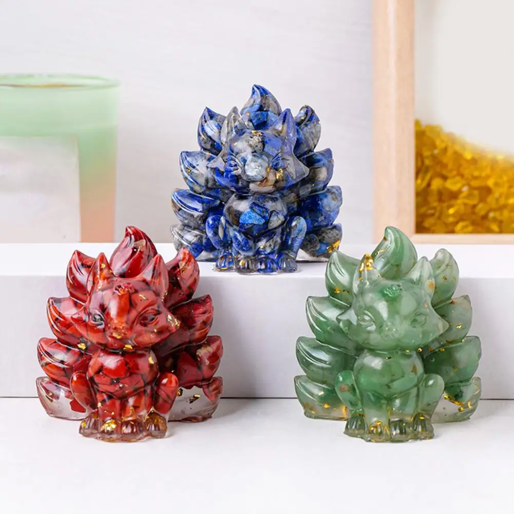 Foxes Figurine Hand-carved Colorful Natural Stone Nine-tailed Foxes Statue Positive Faux Crystal Sitting Animal Statue