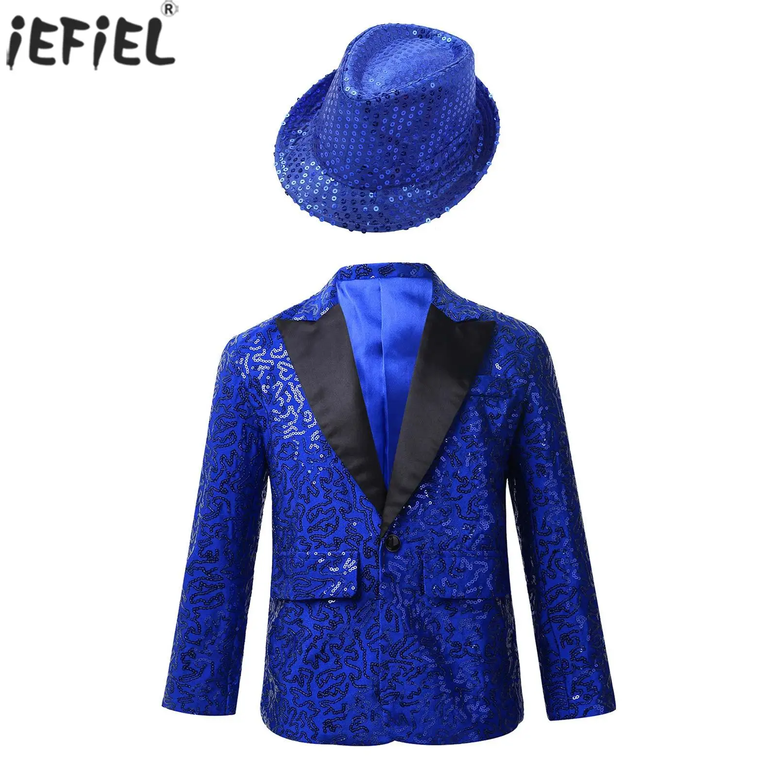 Kids Boys Shiny Sequins Coat Modren Competition Dance Performance Jacket Banquet Party Long Sleeve Tuxedo Suit with Fedora Hat