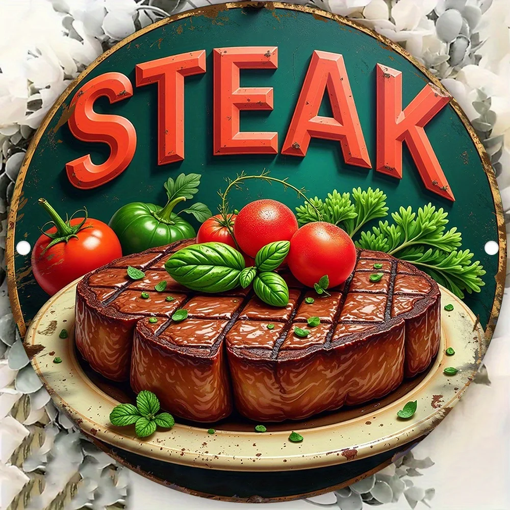 2D Metal Sign, Aluminum Round Wall Art, Vintage Steak Vegetable Graphic, Retro Kitchen Decor, 1PC, Easy to Hang, for Home Bar Ca
