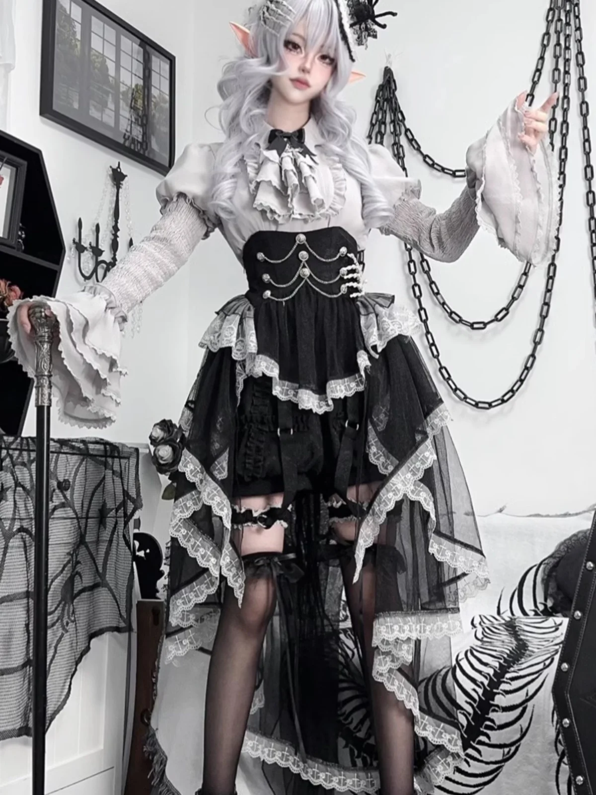 Vestido de estilo gótico de cuento de hadas gris, falda de cintura Lolita oscura, conjunto de camisa y pantalones cortos de estilo Lolita Palace