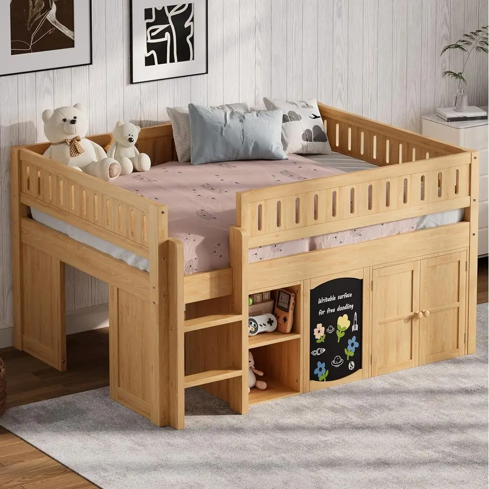 

Low Loft Bed with Storage Cabinet, Chalkboard Panel, Suitable for Kids and Teens (Natural)
