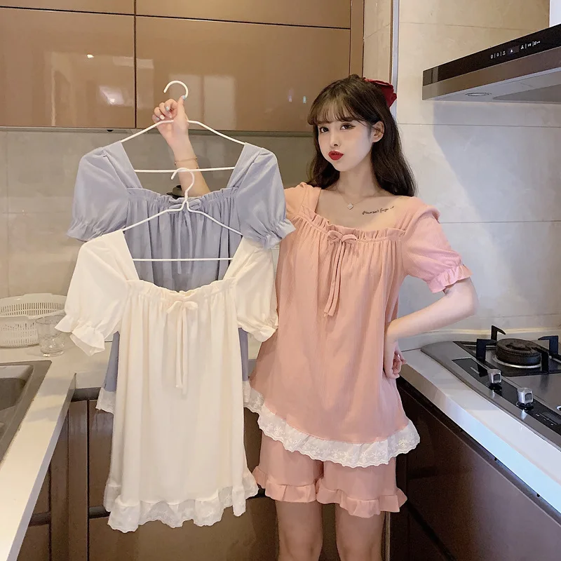 2 Pieces Set Sweet Gtrls Sleepwear Lolita Cotton Pyjamas Kawaii Women Nightwear Shorts Femme Lounge Suit Home Wear Ruffles