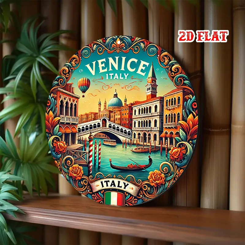 2D Flat, 1pc Venice Italy Rialto Bridge & St. Mark's Basilica Metal Wall Art - Vintage Venetian Gondola & Rialto Bridge Round Si