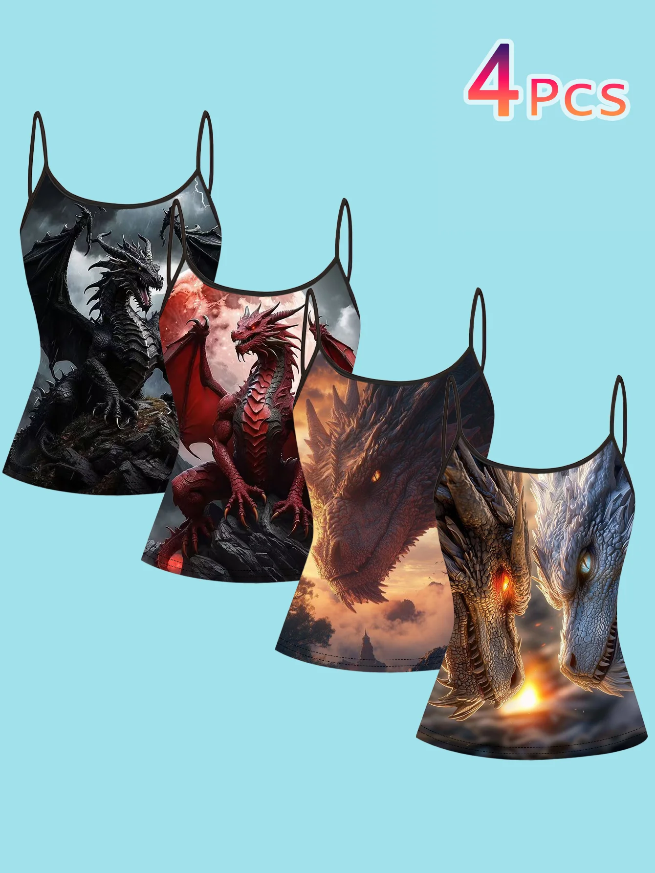 4-Piece Set of Magic Dragon Print Camisoles for Women, Featuring Dark Black Dragons, Red-Winged Dragons, Sunset Dragons, and Ice White Dragons, with Artistic Illustrations and Thin Straps, Slim-Fit Inner Tops