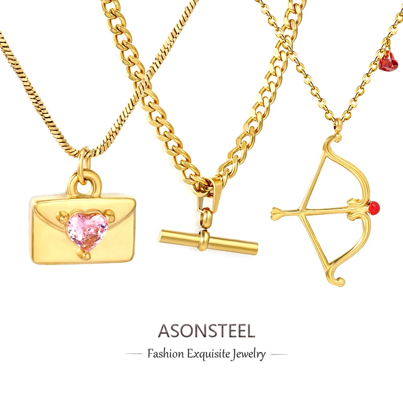 ASONSTEEL Korean Fashion Cupid's Arrow Heart Pendant Necklace For Women Stainless Steel Collars Choker Necklace Waterproof Gifts