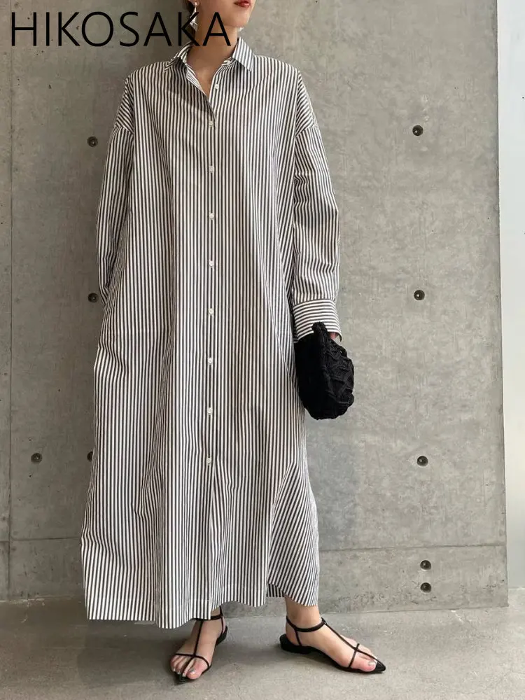 

Japanese Chic Casual Striped Shirt Dress Turn-down Collar Single Breasted Long Sleeve Robes Commuter Comfortable Vestidos Mujer