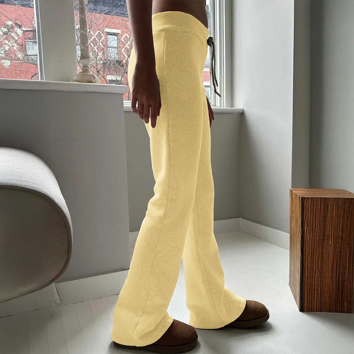 سروال كاجوال برباط ملون للنساء خصر منخفض لون نقي مادة PVC قطن 00% بدون علامة تجارية مسجلة