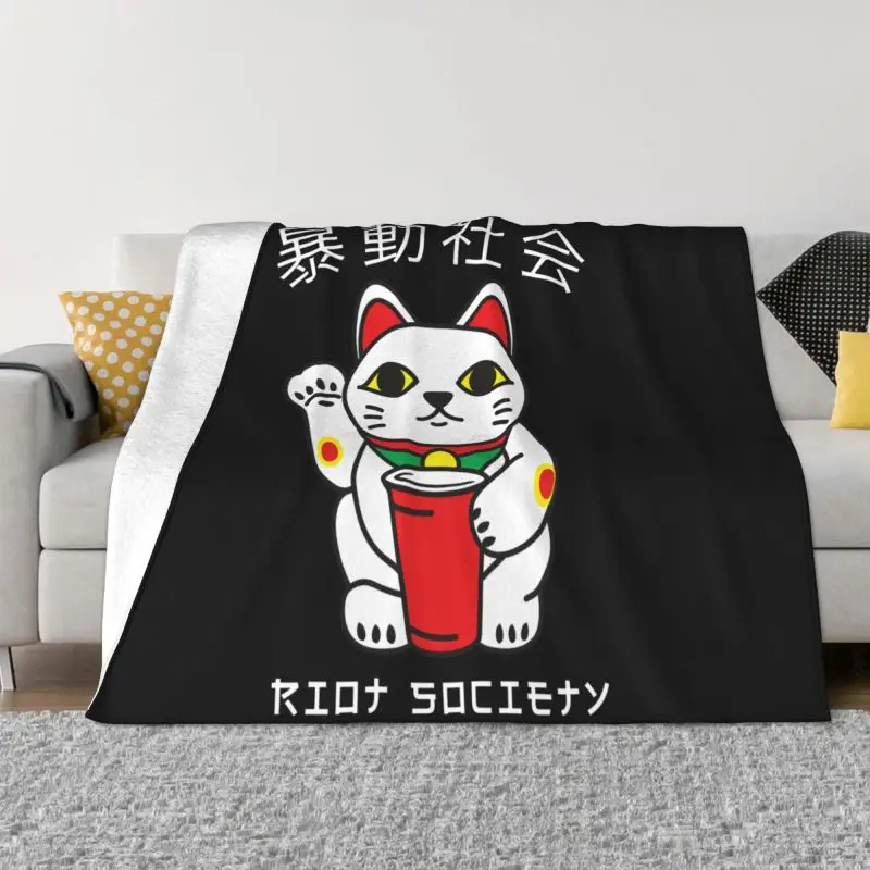 Riot Society Maneki Neko Chinese Lucky Cat Blanket Warm New Style Four Seasons Faux Fur Throw Machine Washable