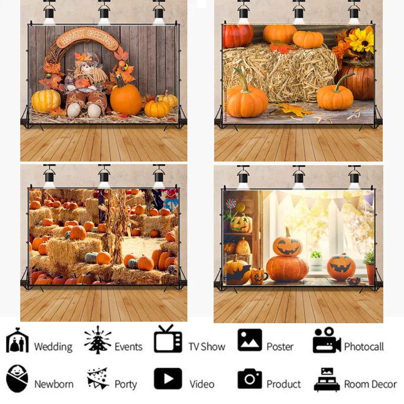 

SHUOZHIKE Halloween Background Autumn Pumpkin Farm Haystack Fallen Leaves Baby Photography Studio Prop Background NG-02