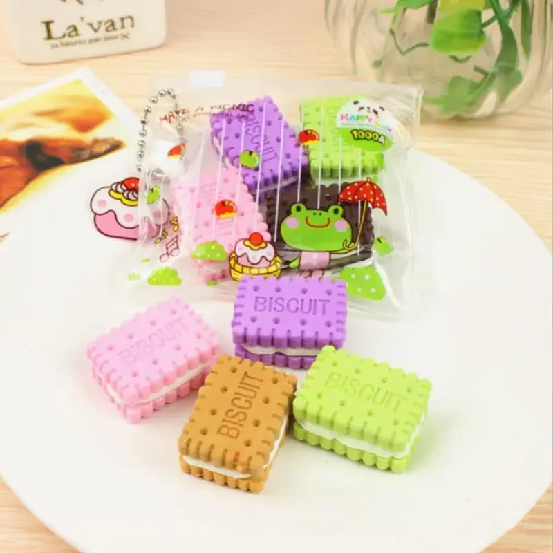 4Pcs Cute Creative Novelty Stationery Colorful Biscuit Eraser Student Teaching Office Stationery