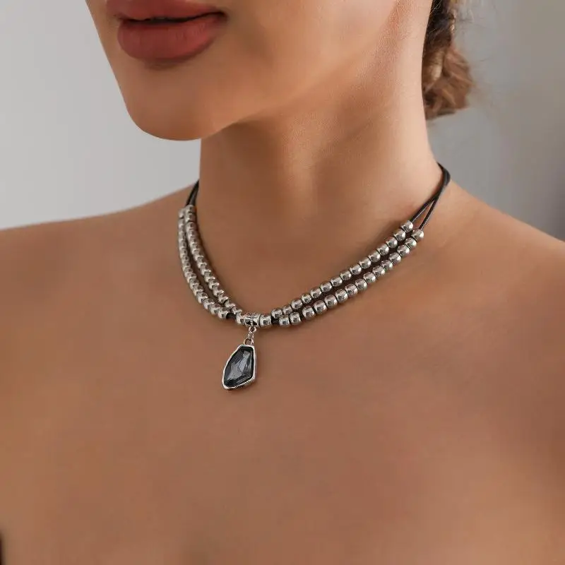 جديد رمادي كريستال قلادة غير النظامية الخرز قلادة للنساء موضة طبقة مزدوجة المعادن المختنق سترة سلسلة مجوهرات الحفلات هدية #4