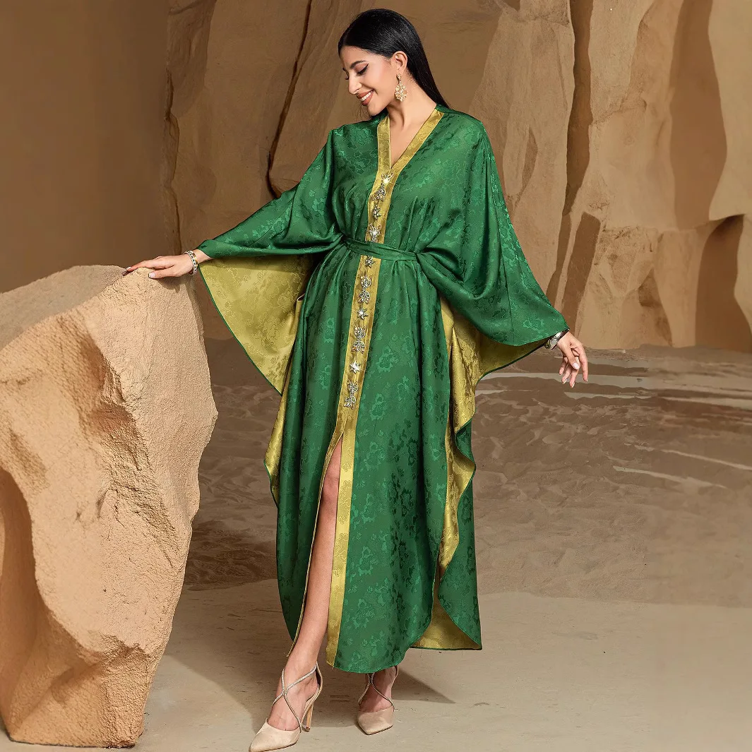 Dubai 2026 Muslim New Fashion Women's Contrast Color Casual Trendy Diamond Elegant V-neck Silk Abaya Female Plus Size Clothes
