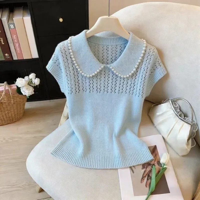Women's Sweet Pearl Peter Pan Collar Knit Top Hollow Out Sleeveless Blouse Casual Summer Knitwear