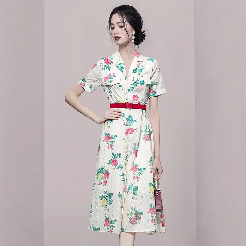 Designer Women Notched Collar Flowers Print Dress Vintage Summer Single Breasted Embroidery Hollow Out Shirt Dresses With Belt