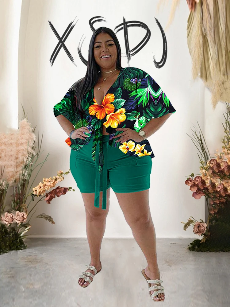 Two Piece Set Mulheres Outfit Blusa de Férias Set Shorts e Camisa Elegante Sexy Verão Suit Plus Size Atacado Dropshipping