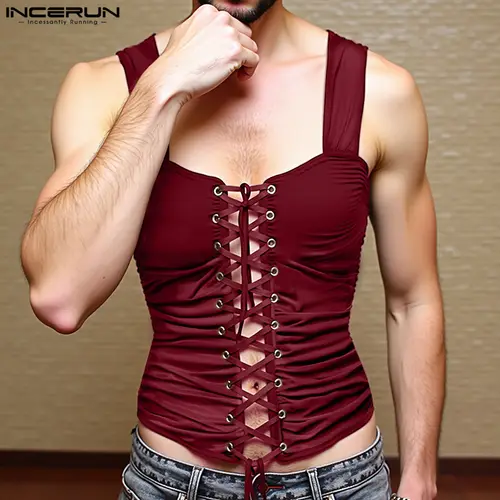 Men Tank Tops Solid Color Pleated Sleeveless Lace Up Hollow Out Streetwear Sexy Male Vests Summer 2025 Fashion Crop Tops INCERUN - Image 3