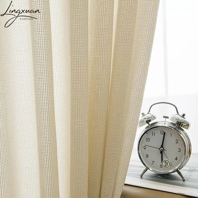 Japan Style Window Tulle Curtains For Living Room Checkered Texture Sheer Yarn Curtain For Bedroom Semi Blinds Drapes Customize