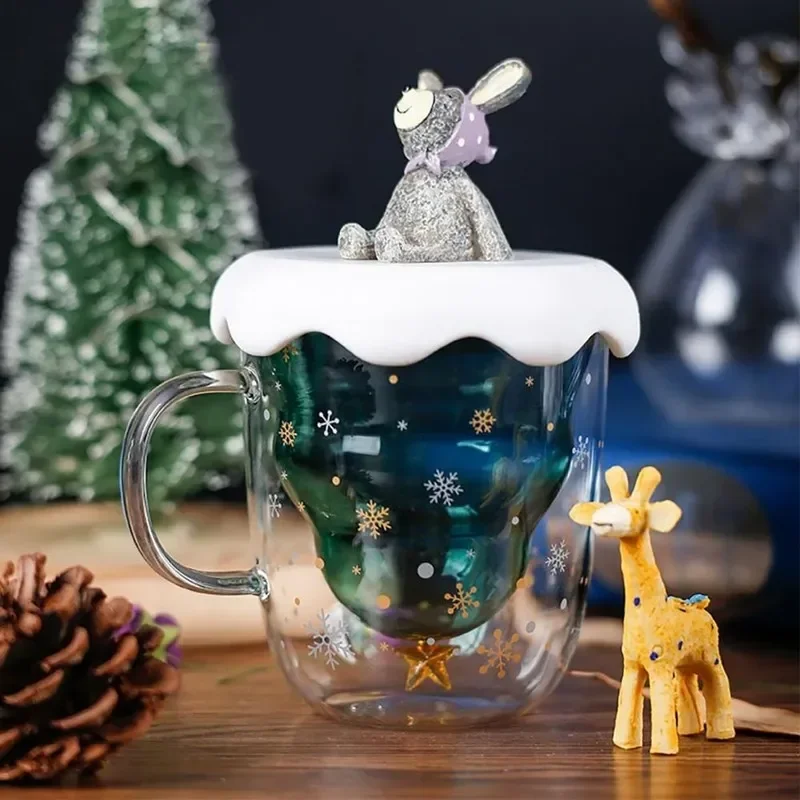 Tazza dell\'albero di natale tazza di vetro da montagna di neve tazza da caffè in vetro a doppia parete resistente al calore cartone animato regalo