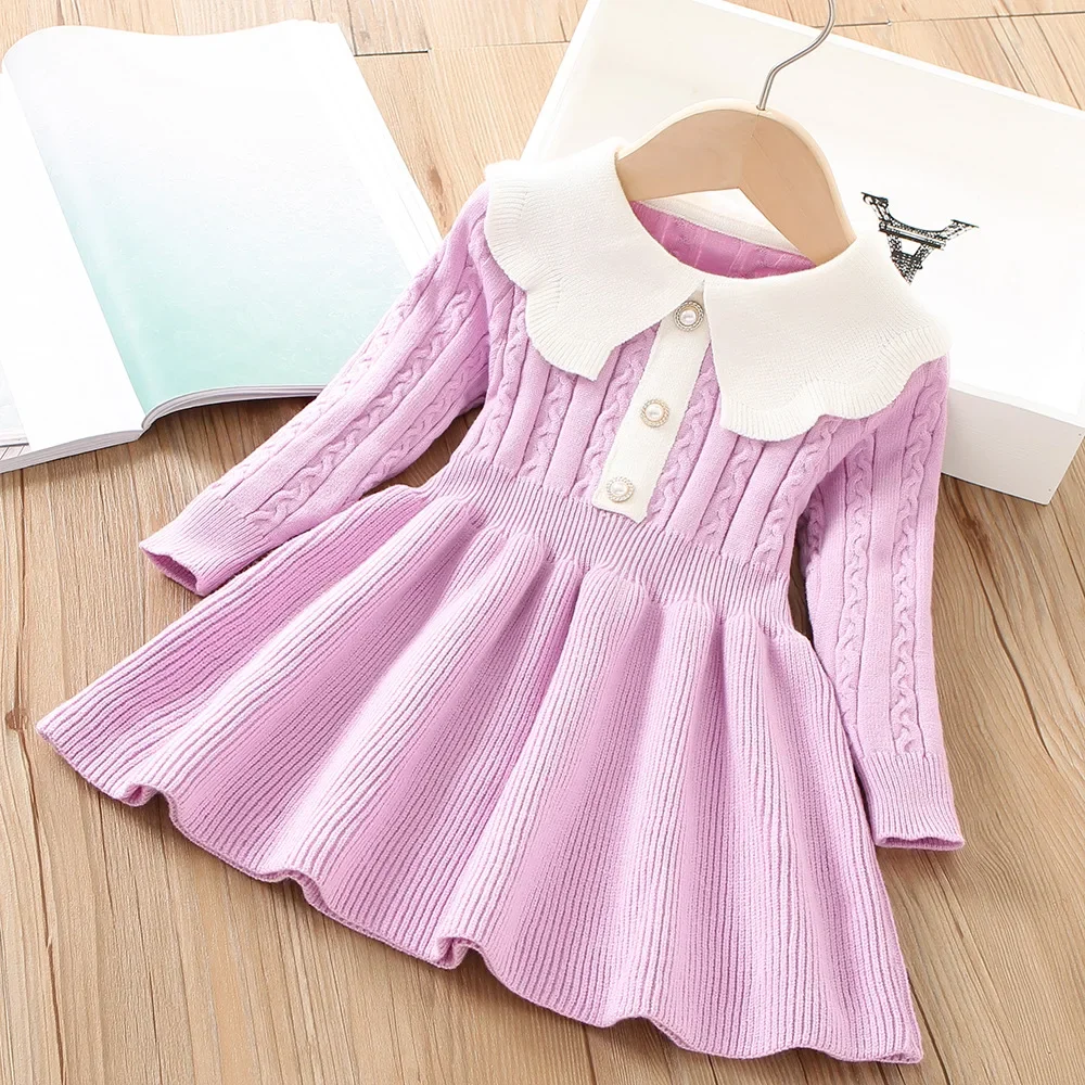 MILANCEL 2-7Y Kids Clothes Turn Down Collar Kids Dress For Girls Front Button Ruffle Knit Wear