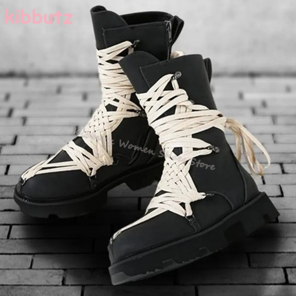 

Cross Tied Mid Calf Boots Genuine Leather Solid Color Side Zippers Round Toe Thick Bottom Fashion Novelty Sexy Women Shoes New