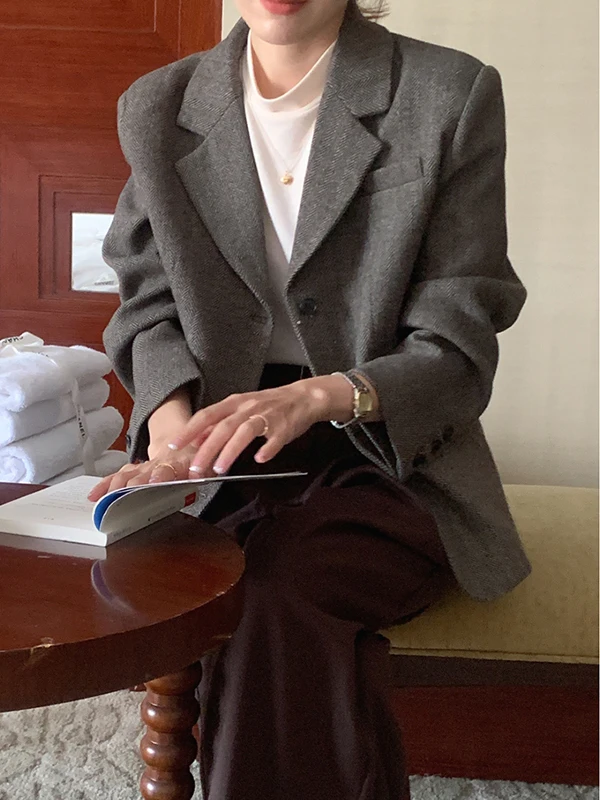 

Шикарный зимний женский шерстяной костюм в стиле ретро, джемпер свободного кроя с лацканами, длинный свек ort Sle на пуговицах, профессиональный офис...